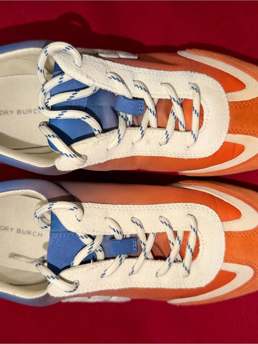 Tory Burch Orange, White & Blue Suede Lace-Up Sneakers
